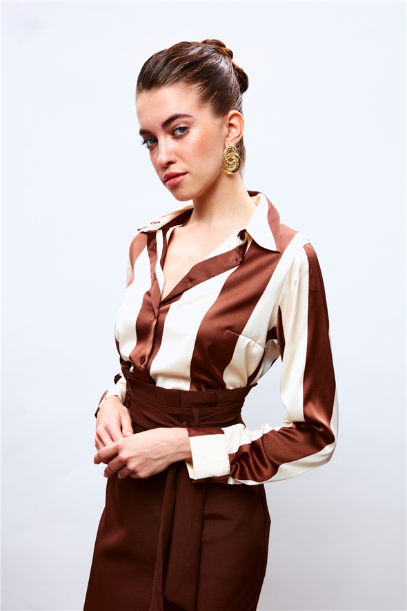 Striped Loose Shirt - BROWN