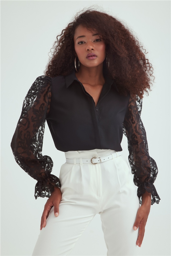 Lace sleeve classic shirt - BLACK
