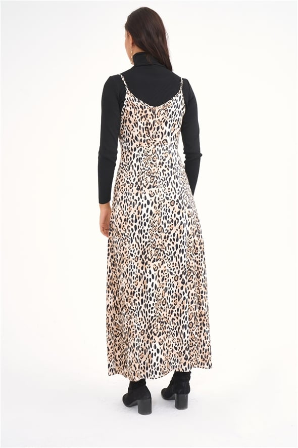Leopard satin dress with lapel collar straps - LEOPARD
