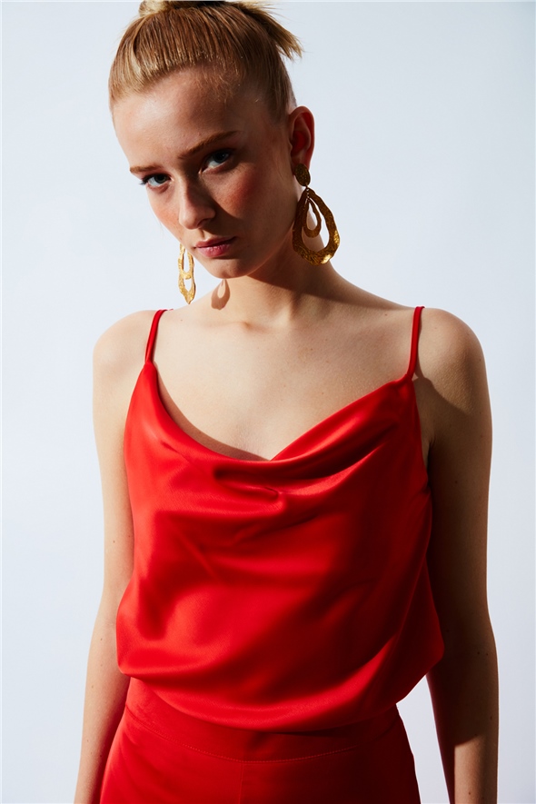 Plunging Collar Satin Blouse - CORAL