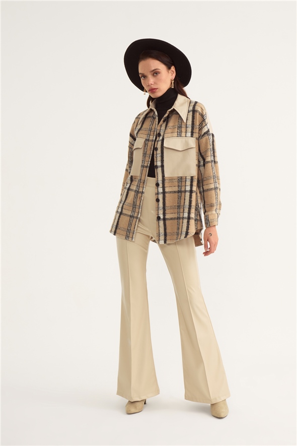 Checked shirt with leather detail - BEIGE