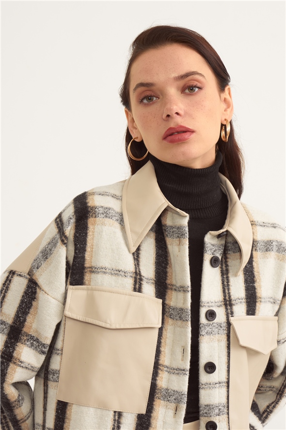 Checked shirt with leather detail - ECRU