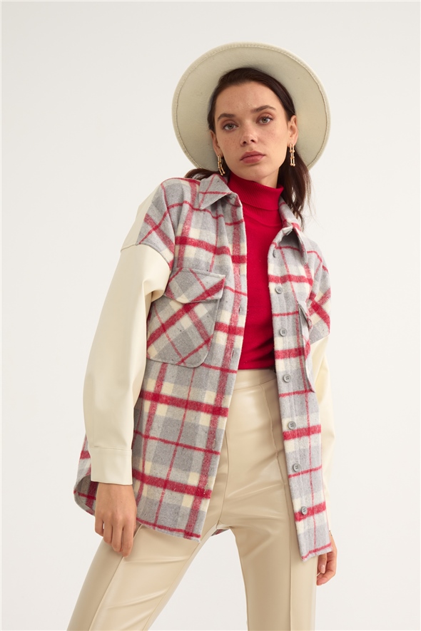 Leather detailed plaid shirt - MAROON