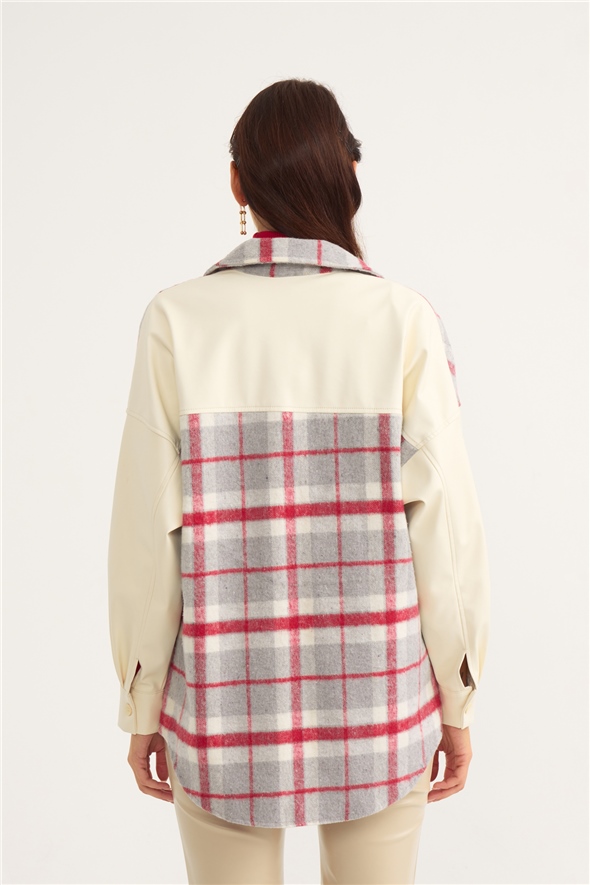 Leather detailed plaid shirt - MAROON