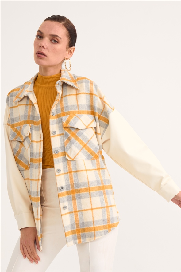 Leather detailed plaid shirt - MUSTARD