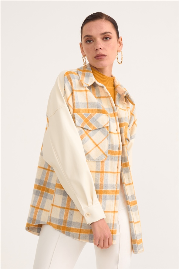 Leather detailed plaid shirt - MUSTARD