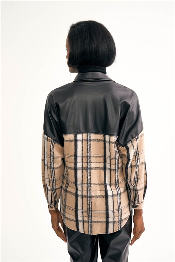 Deri detaylı oduncu gömlek ceket - BEJ