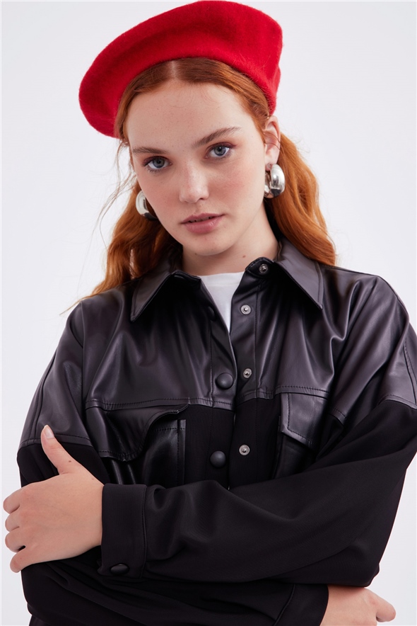 Leather look oversized shirt jacket - BLACK