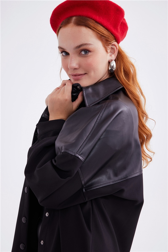Leather look oversized shirt jacket - BLACK