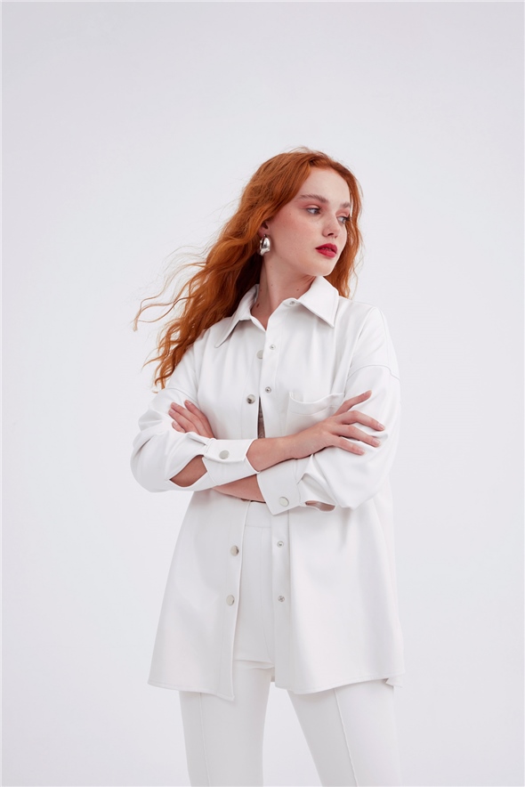 leather oversize shirt jacket - WHITES