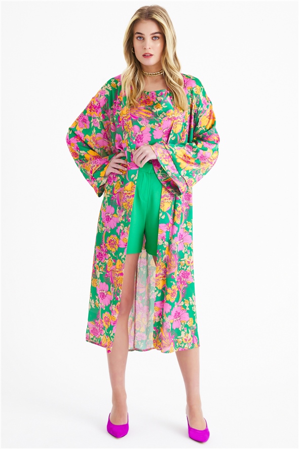 Desenli kuşaklı kimono - YEŞİL