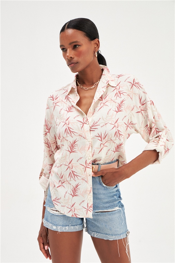 Patterned Oversize Linen Shirt - MAROON