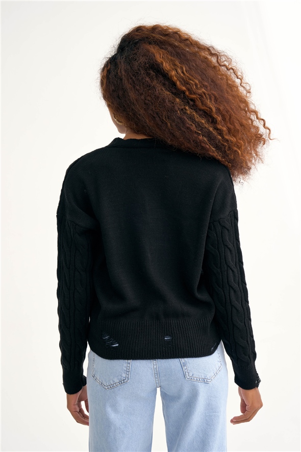 Patterned shabby knit cardigan - BLACK