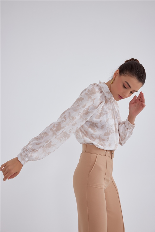 Patterned Long Sleeve Blouse - BEIGE-CINNAMON