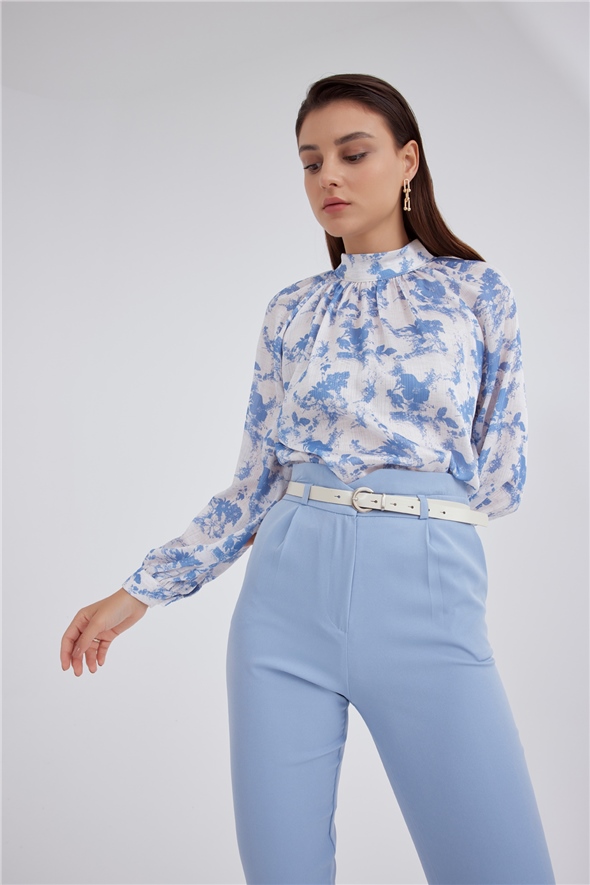 Patterned Long Sleeve Blouse - SAX BLUE-ECRU