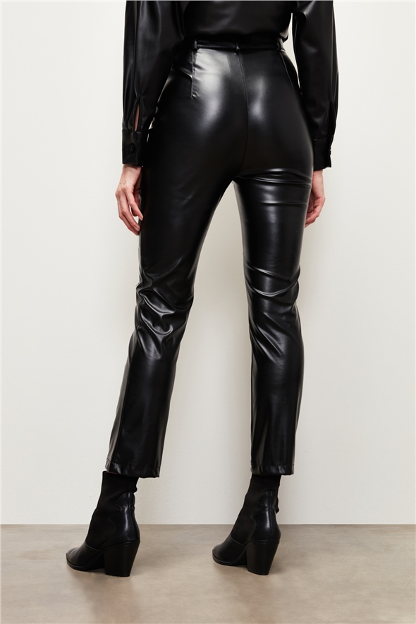 Stitch Detail Leather Trousers - BLACK