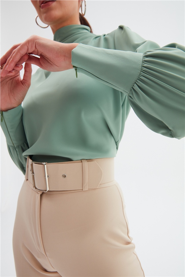 Draped collar blouse - GREEN ALMOND