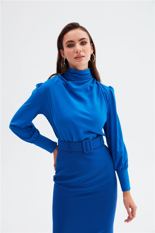Draped collar blouse - SAX BLUE