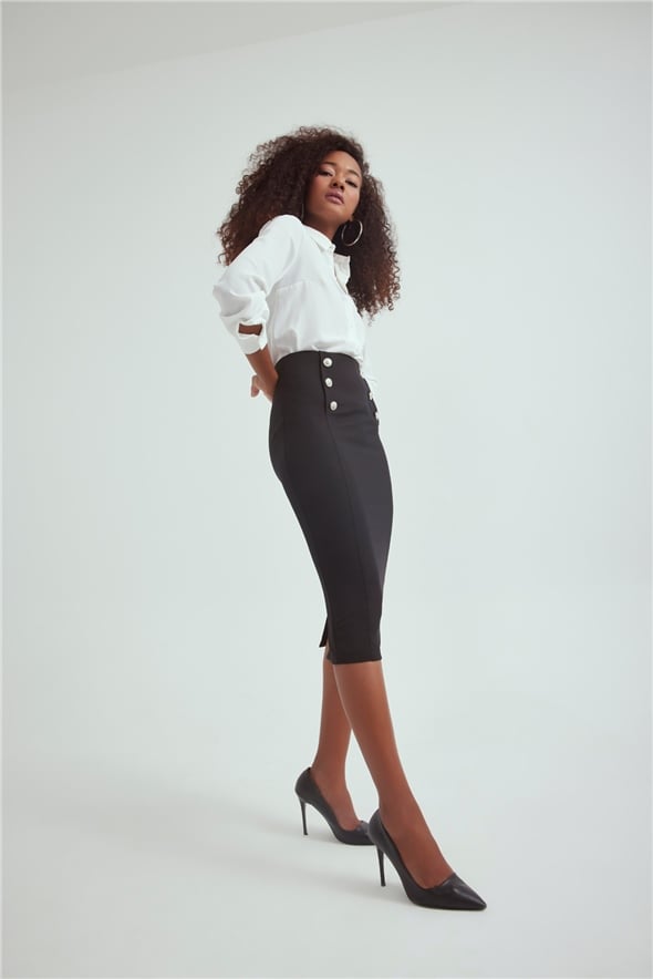 Pencil skirt with button accessories - BLACK