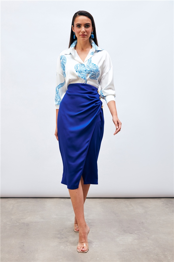 Button Accessory Satin Crepe Skirt - SAX BLUE