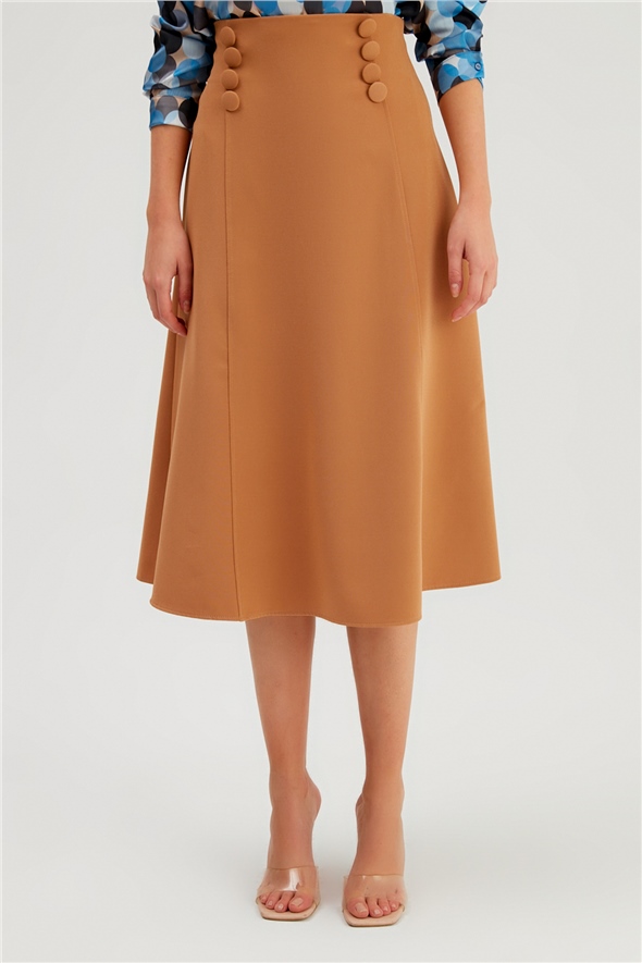 Button Detailed Flared Skirt - CAMEL