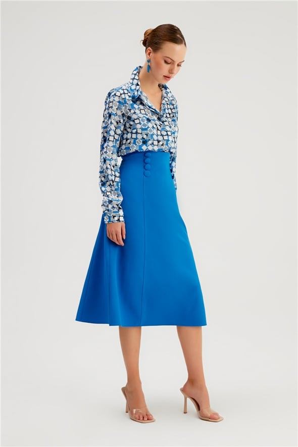 Button Detailed Flared Skirt - SAX BLUE