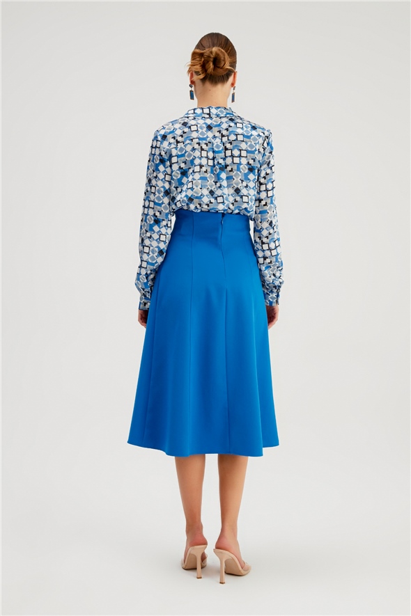 Button Detailed Flared Skirt - SAX BLUE