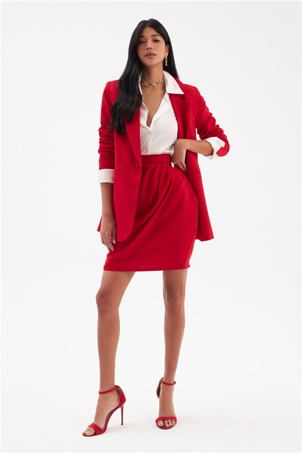 Button Detailed Satin Crepe Skirt - RED