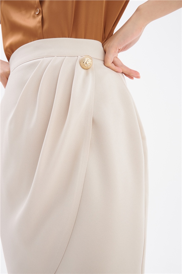 Button Detailed Satin Crepe Skirt - STONE