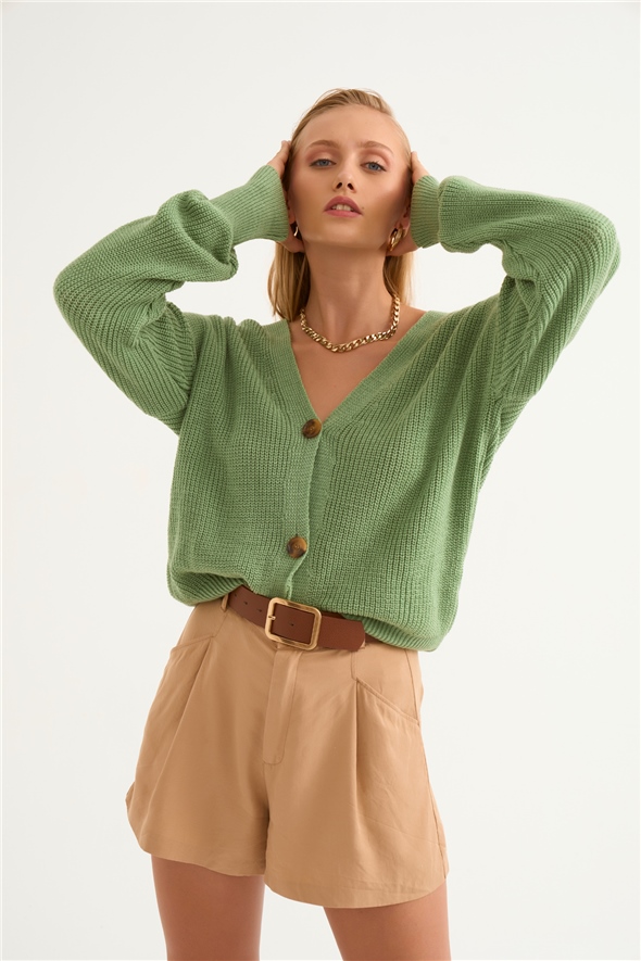 Buttoned shabby knit cardigan - GREEN ALMOND