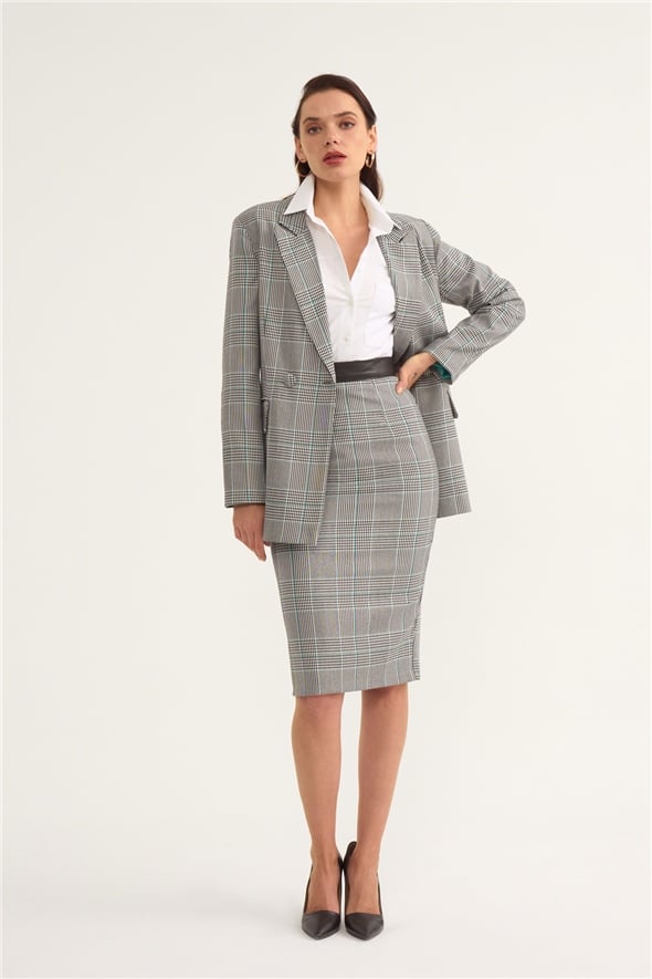 Plaid detailed pencil skirt - TURQUOISE-GREY