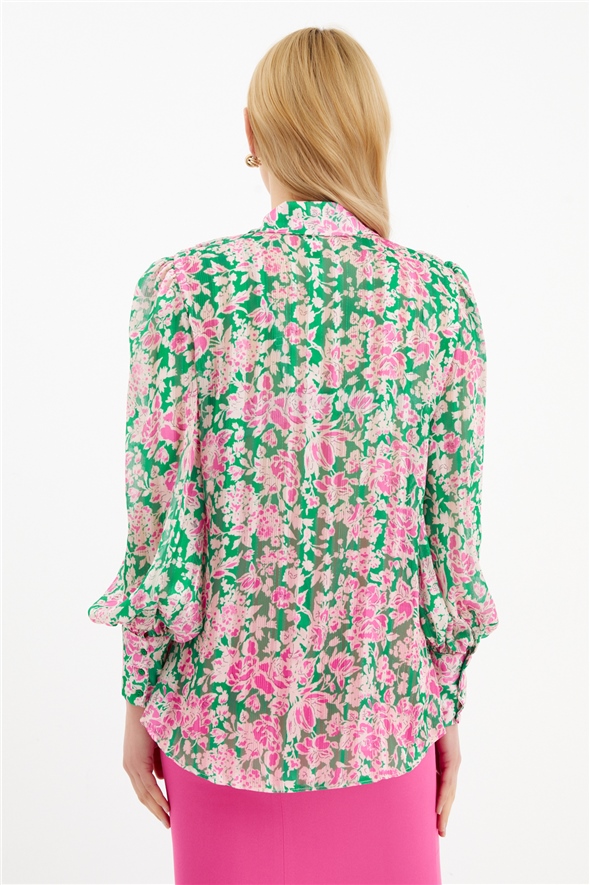 Ruffle neck floral print blouse - GREEN