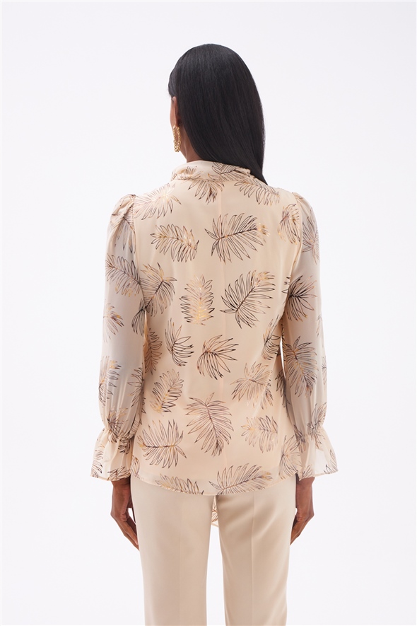Printed blouse with scarf neckline - BEIGE