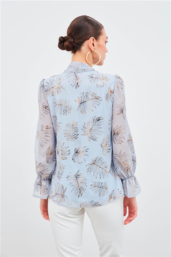Printed blouse with scarf neckline - GRAY
