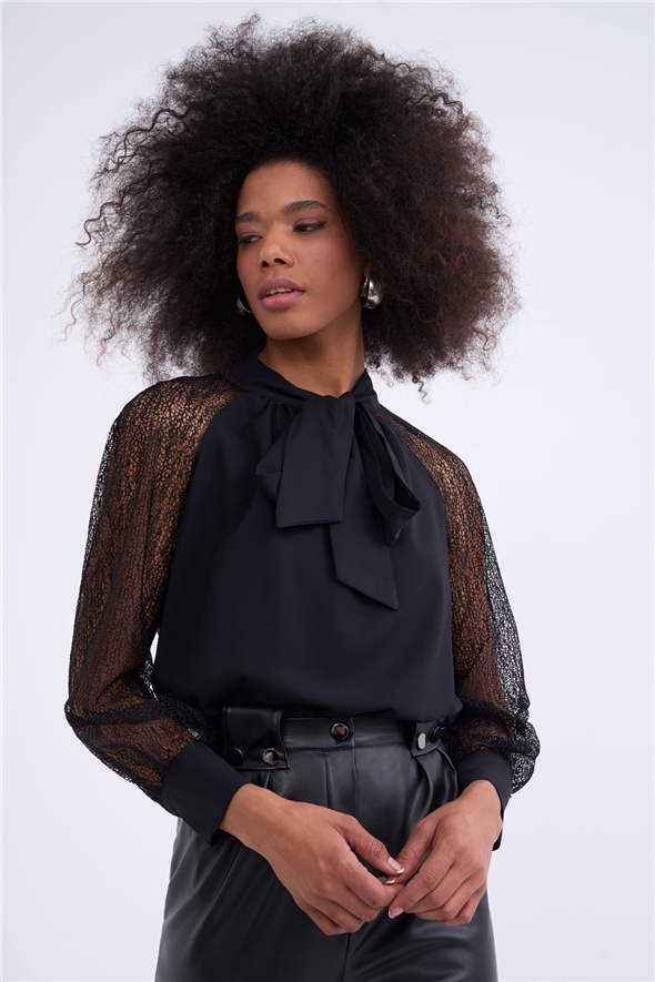 Blouse with scarf neck sleeve detail - BLACK