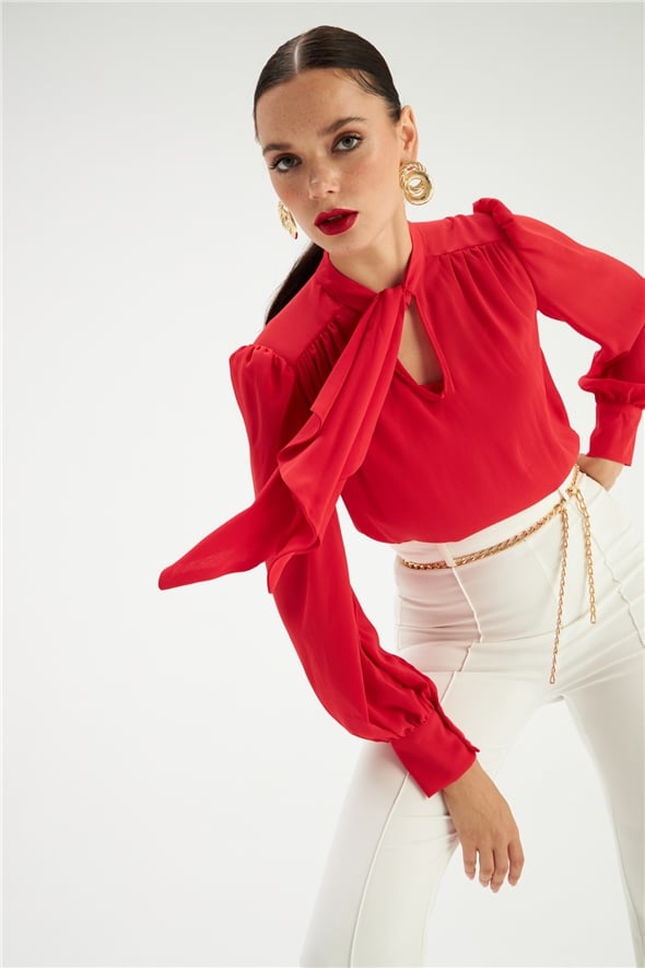 Scarf Collar Loose Blouse - RED