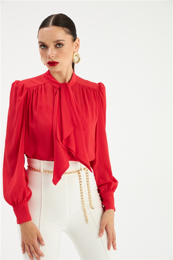 Scarf Collar Loose Blouse - RED