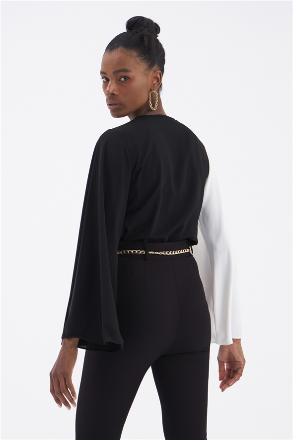 Wide Sleeve Double Breasted Bodysuit - BLACK-ECRU