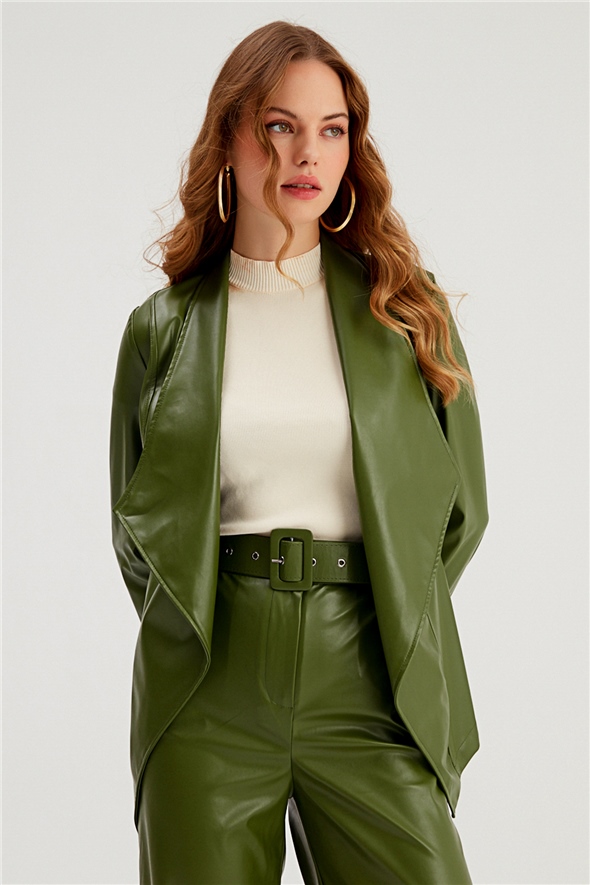 Wide Collar Leather Jacket - GREEN ALMOND