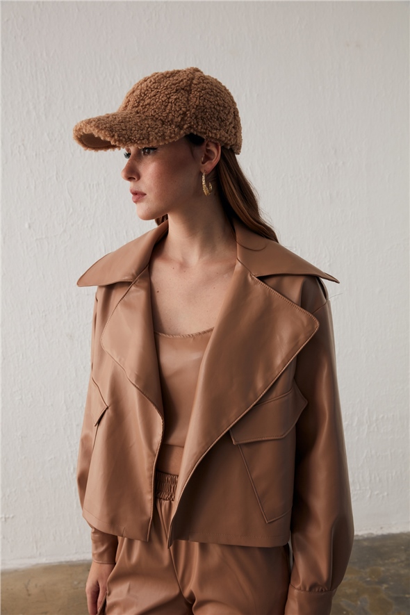 Wide Collar Leather Jacket - CAMEL