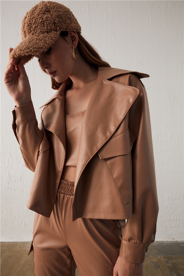 Wide Collar Leather Jacket - CAMEL