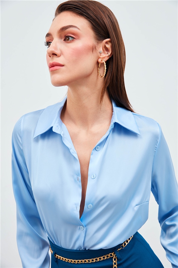 Gömlek Yaka Saten Bodysuit Bluz - BEBE MAVİ