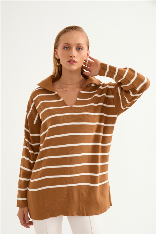 Shirt collar long knit sweater - CAMEL-WHITE