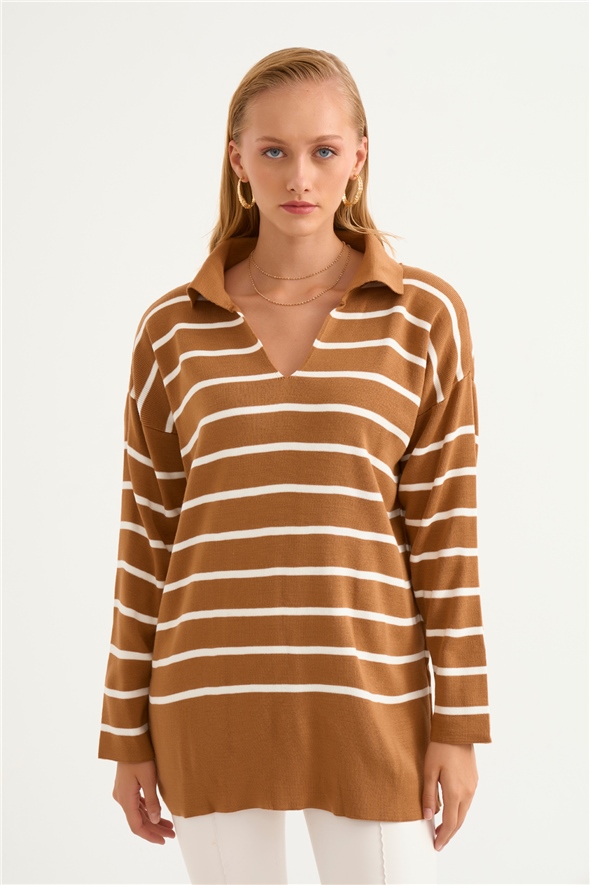Shirt collar long knit sweater - CAMEL-WHITE