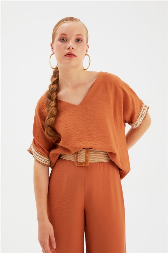 Straw Detailed Linen Blouse - TABA