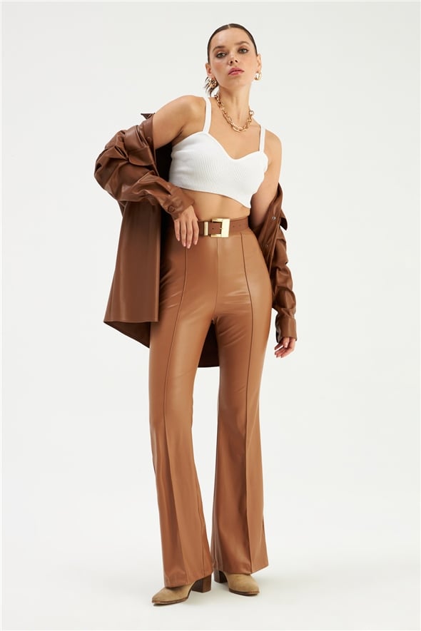 Flared leather trousers - BROWN