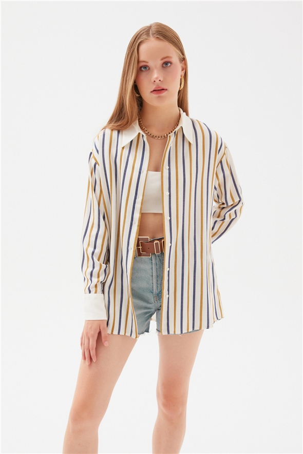 Thick Striped Long Loose Shirt - BLUE