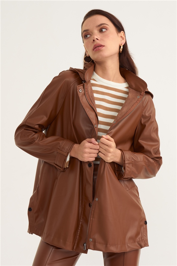Hooded leather detailed jacket - BROWN