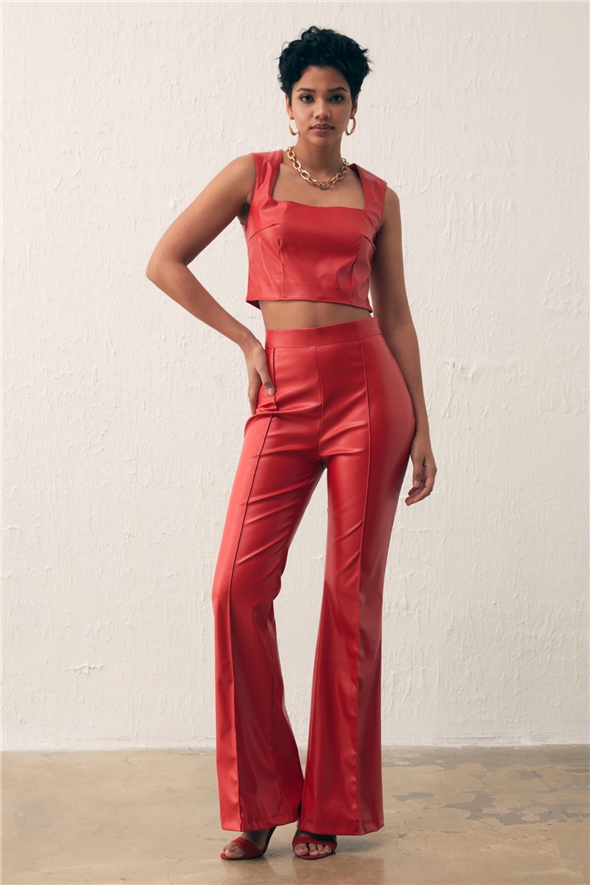 Square Collar Leather Crop Blouse - RED