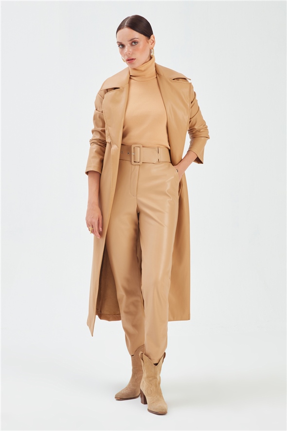 Belted leather pants - BEIGE